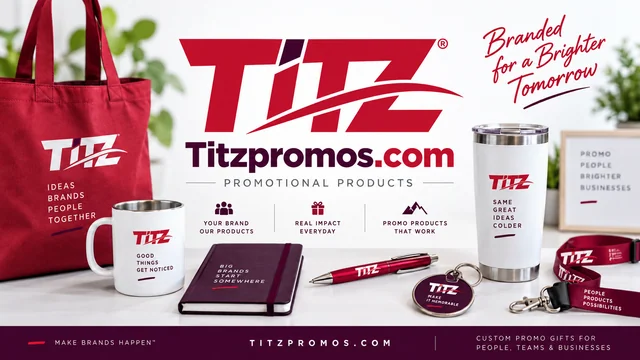 Titz branded tote, tumbler, mug, notebook, pen and keychain